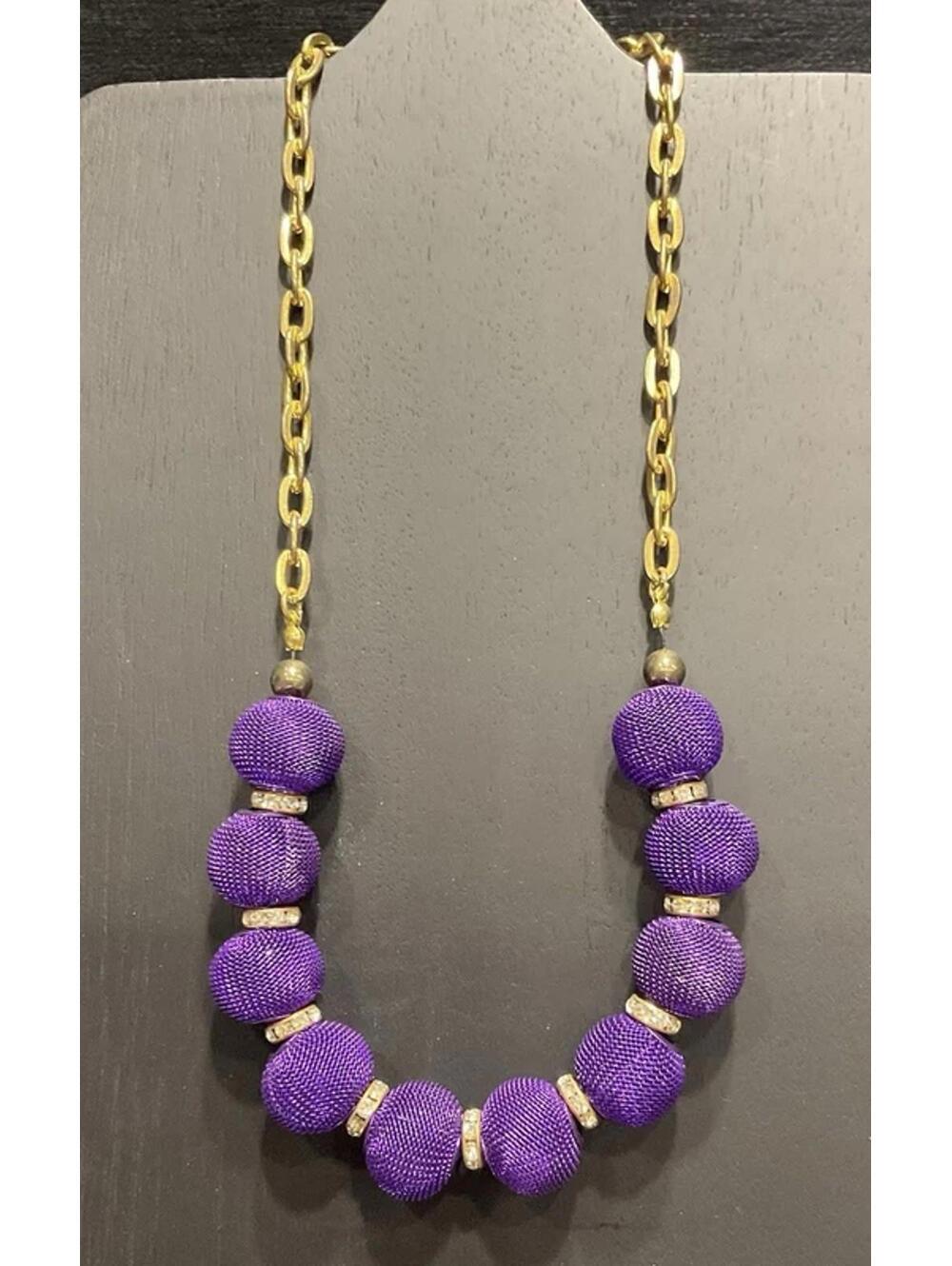 Purple Mesh Ball Bead & Gold Tone Chain Necklace #174